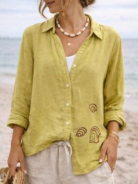 Liz Claiborne XL Linen Button Shell Print Blouse Coastal Grandma Boho Resort